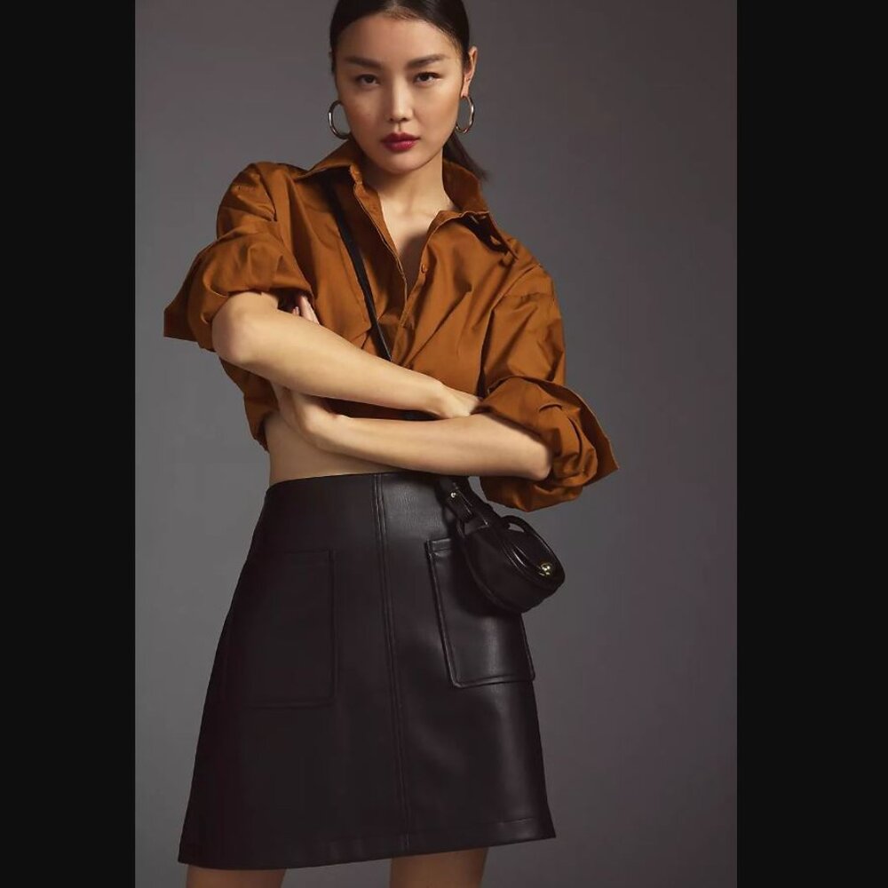 Anthropologie | Maeve Faux Leather A-Line Mini Skirt | Black, XL - Picture 4 of 14